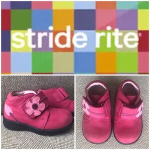 Stride Rite Baby Elyse Nubuck Leather Bootie. Fuschia Pink W/Flower Detail, 4.5W